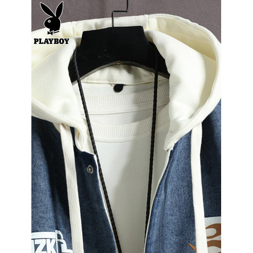 花花公子加絨加厚牛仔外套男士秋冬季新款青少年帥氣潮流連帽夾克