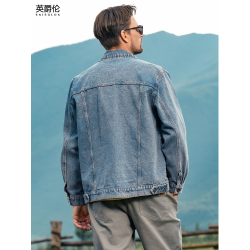 英爵倫美式復古水洗工裝牛仔外套男春秋潮牌寬鬆上衣男士繙領夾克