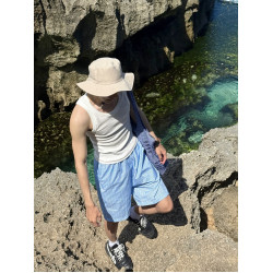 夏季清新藍色條紋抽繩短褲男寬鬆休閒沙灘濶腿度假百搭五分褲情侶