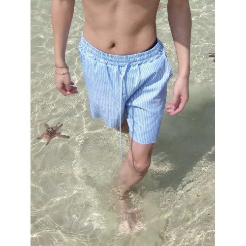 夏季清新藍色條紋抽繩短褲男寬鬆休閒沙灘濶腿度假百搭五分褲情侶