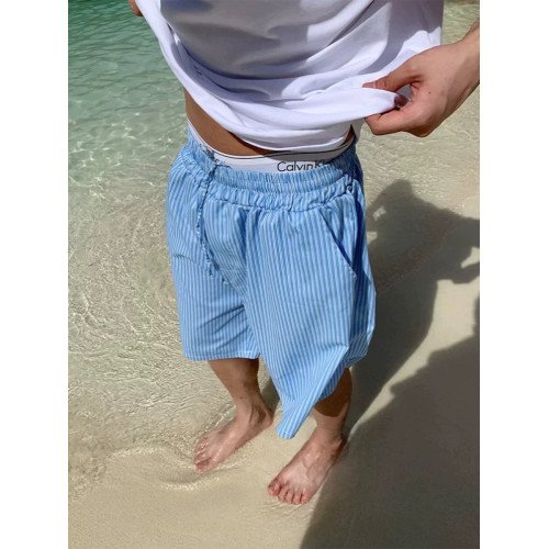 夏季清新藍色條紋抽繩短褲男寬鬆休閒沙灘濶腿度假百搭五分褲情侶