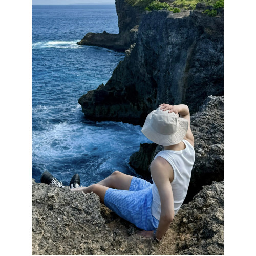 夏季清新藍色條紋抽繩短褲男寬鬆休閒沙灘濶腿度假百搭五分褲情侶