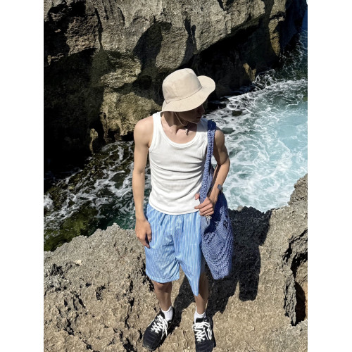 夏季清新藍色條紋抽繩短褲男寬鬆休閒沙灘濶腿度假百搭五分褲情侶