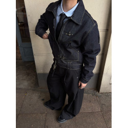 FATEEGG美式復古原色牛仔夾克男女老錢風短款寬鬆飛機釦休閒外套