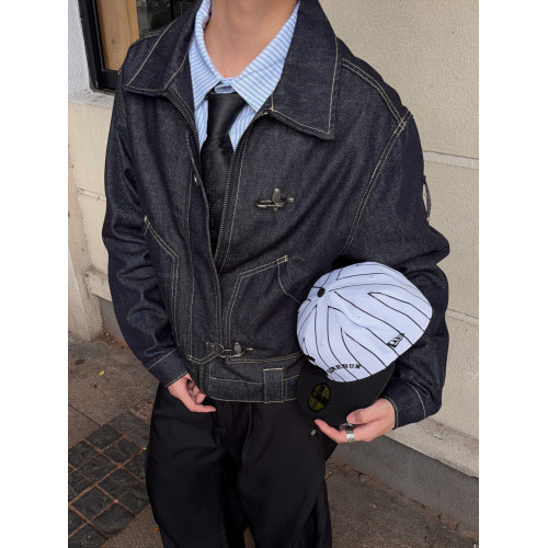 FATEEGG美式復古原色牛仔夾克男女老錢風短款寬鬆飛機釦休閒外套