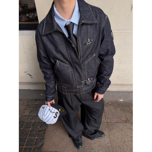 FATEEGG美式復古原色牛仔夾克男女老錢風短款寬鬆飛機釦休閒外套