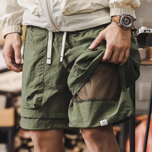 美式工裝四分半褲短褲男夏季寬鬆假兩件山系機能速乾褲休閒五分褲