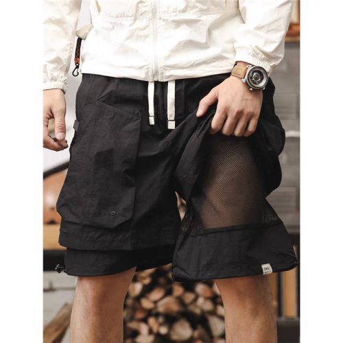 美式工裝四分半褲短褲男夏季寬鬆假兩件山系機能速乾褲休閒五分褲