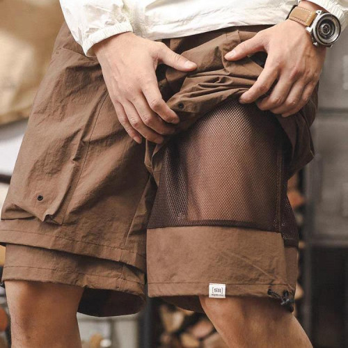 美式工裝四分半褲短褲男夏季寬鬆假兩件山系機能速乾褲休閒五分褲