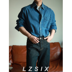 復古牛仔長袖襯衫男高級感秋季工裝水洗藍休閒寬鬆百搭襯衣外套