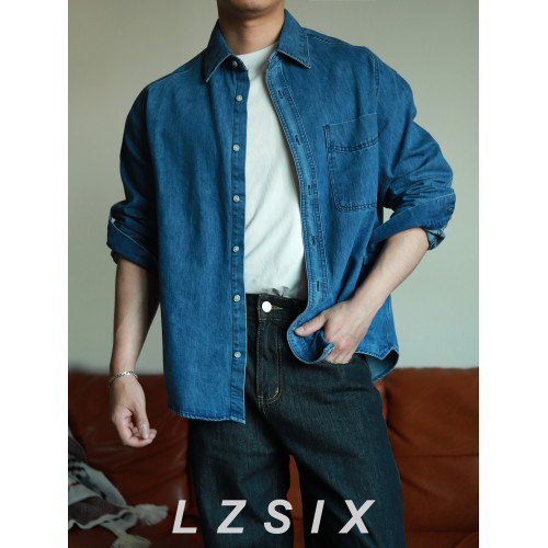 復古牛仔長袖襯衫男高級感秋季工裝水洗藍休閒寬鬆百搭襯衣外套