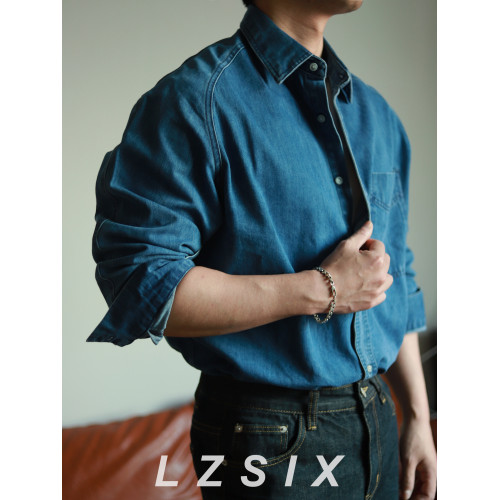 復古牛仔長袖襯衫男高級感秋季工裝水洗藍休閒寬鬆百搭襯衣外套