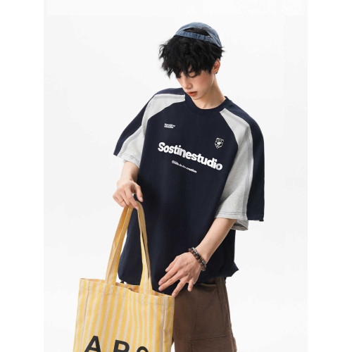 復古重磅拼接撞色插肩短袖男2025夏季學院風字母印花情侶半袖T恤