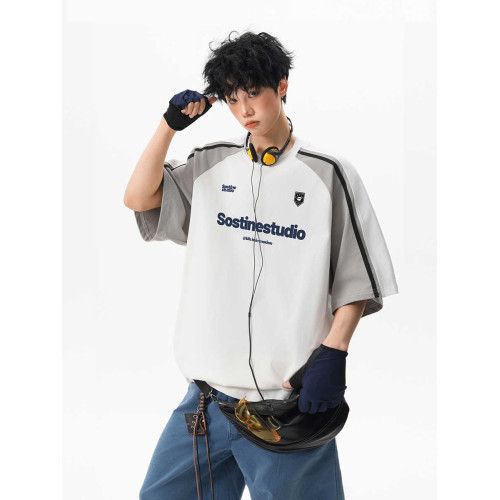 復古重磅拼接撞色插肩短袖男2025夏季學院風字母印花情侶半袖T恤