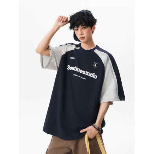 復古重磅拼接撞色插肩短袖男2025夏季學院風字母印花情侶半袖T恤