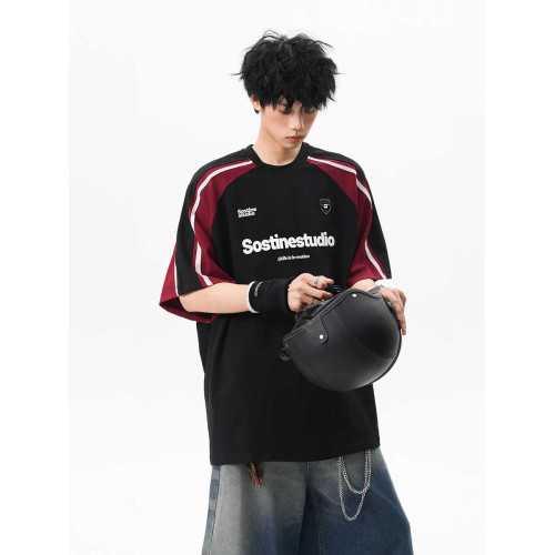 復古重磅拼接撞色插肩短袖男2025夏季學院風字母印花情侶半袖T恤