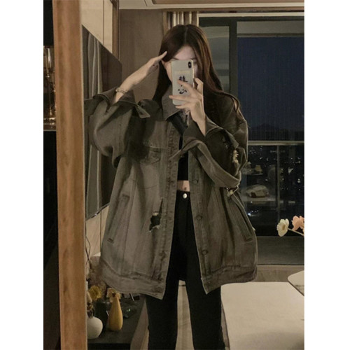 黑灰色破洞牛仔外套男潮高級感小衆工裝夾克春秋季美式廢土風上衣