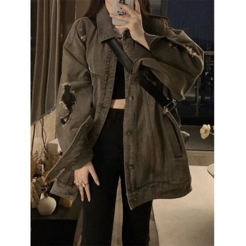 黑灰色破洞牛仔外套男潮高級感小衆工裝夾克春秋季美式廢土風上衣