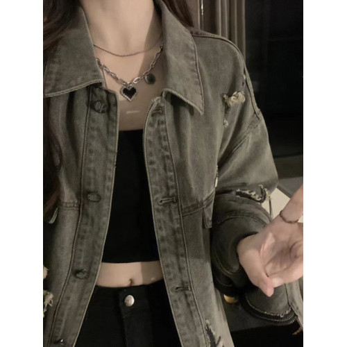 黑灰色破洞牛仔外套男潮高級感小衆工裝夾克春秋季美式廢土風上衣