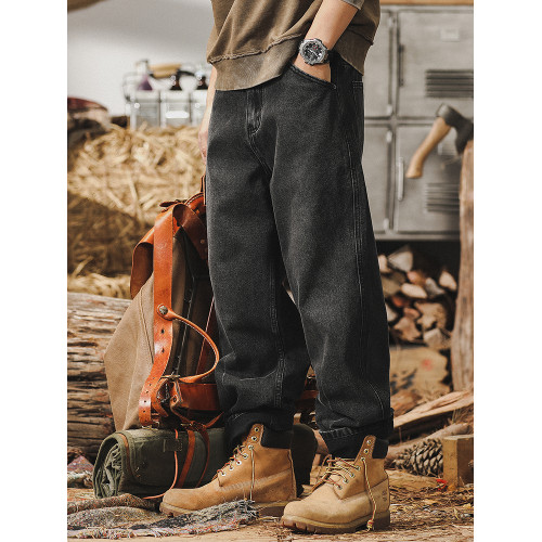 美式復古加絨黑色牛仔褲男直筒2025新款寬鬆大碼潮牌休閒男士褲子