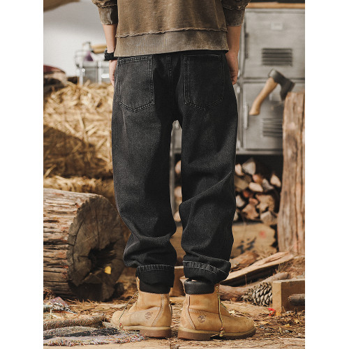 美式復古加絨黑色牛仔褲男直筒2025新款寬鬆大碼潮牌休閒男士褲子