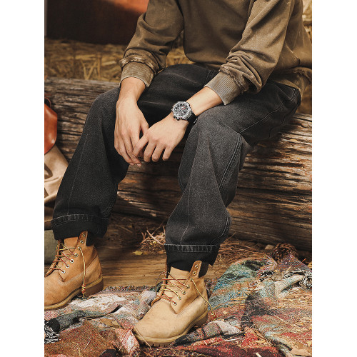 美式復古加絨黑色牛仔褲男直筒2025新款寬鬆大碼潮牌休閒男士褲子