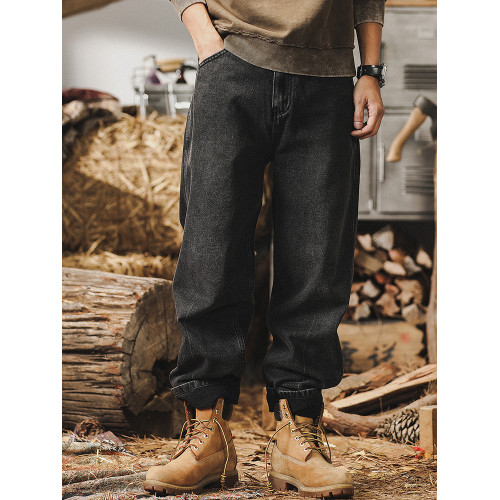 美式復古加絨黑色牛仔褲男直筒2025新款寬鬆大碼潮牌休閒男士褲子
