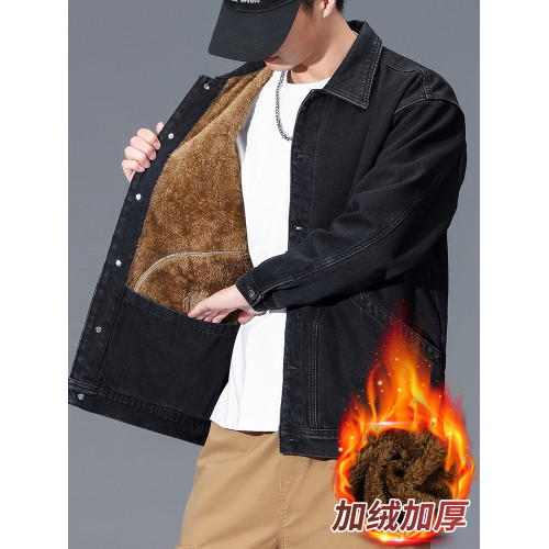 冬季黑色加絨牛仔外套男款寬鬆潮流痞帥加厚保暖百搭中年工裝棉衣