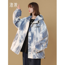 洛濃無性別秋季連帽夾克外套男女水墨紥染漸變高街全棉寬鬆青少年