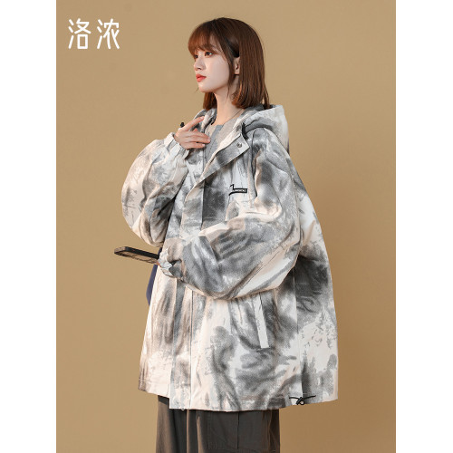 洛濃無性別秋季連帽夾克外套男女水墨紥染漸變高街全棉寬鬆青少年