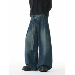 濶腿牛仔褲男士冬季美式高街痞帥寬鬆2026新款潮牌春秋彎刀褲子潮