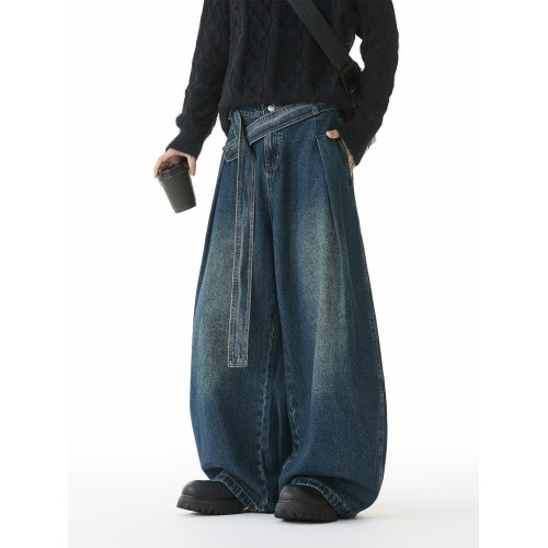 濶腿牛仔褲男士冬季美式高街痞帥寬鬆2026新款潮牌春秋彎刀褲子潮