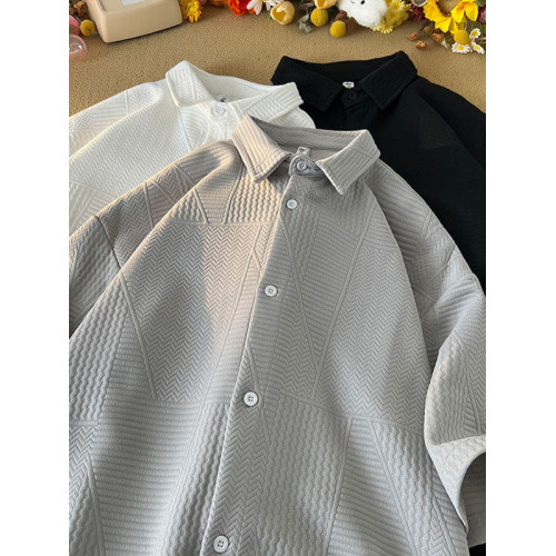 高街復古重磅提花短袖襯衫男潮牌加肥加大碼胖人簡約半袖襯衣外套