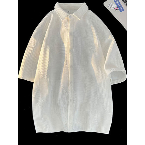 高街復古重磅提花短袖襯衫男潮牌加肥加大碼胖人簡約半袖襯衣外套