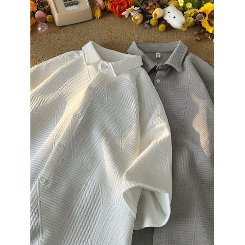 高街復古重磅提花短袖襯衫男潮牌加肥加大碼胖人簡約半袖襯衣外套