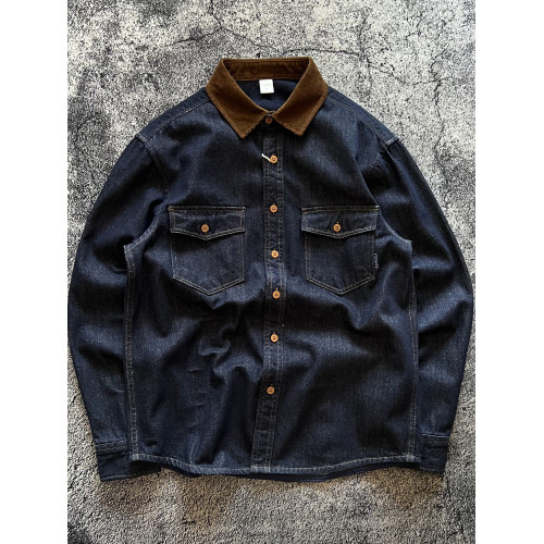 美式復古巴恩風靛藍長袖厚實牛仔襯衫口袋工裝重磅復古襯衣外套潮