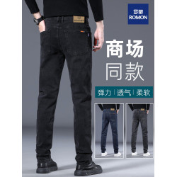 羅矇高級黑色秋冬厚款牛仔褲男士2025新款直筒加絨男褲彈力休閒褲