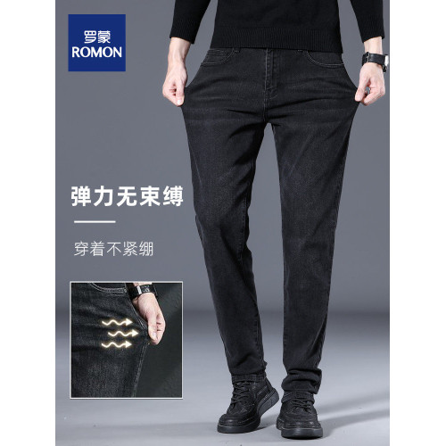 羅矇高級黑色秋冬厚款牛仔褲男士2025新款直筒加絨男褲彈力休閒褲
