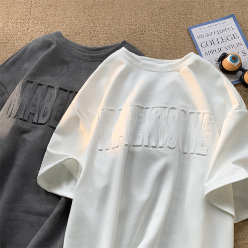 美式潮牌復古重磅320g麂皮絨短袖t恤男立體鋼母高街半袖體恤