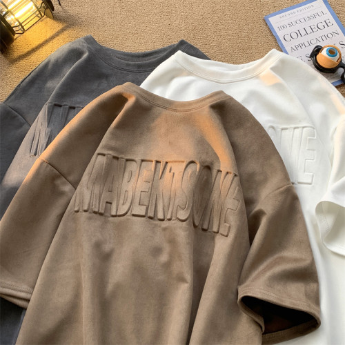 美式潮牌復古重磅320g麂皮絨短袖t恤男立體鋼母高街半袖體恤