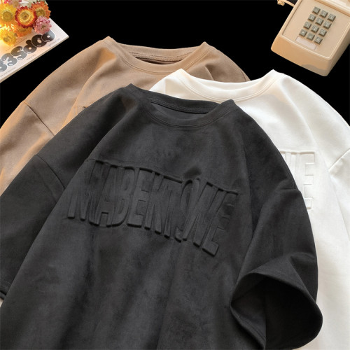 美式潮牌復古重磅320g麂皮絨短袖t恤男立體鋼母高街半袖體恤