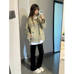 網紅同款美式街頭黃泥水洗做舊復古牛仔衣男女寬鬆潮牌夾克外套潮