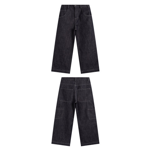 BELLKENIDEA 原牛撞色明線設計美式復古寬鬆直筒不掉色休閒牛仔褲