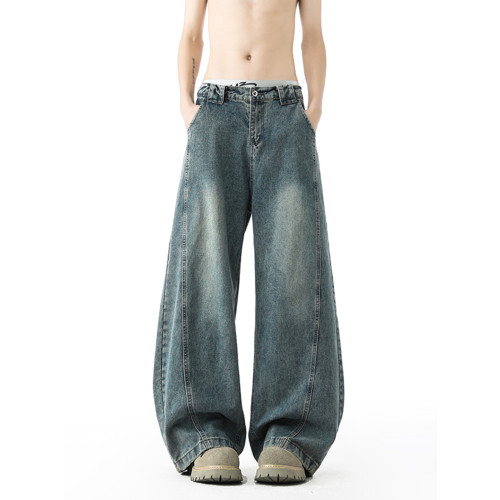 復古藍彎刀牛仔褲男款春秋美式水洗男生寬鬆直筒痞帥男士濶腿褲子