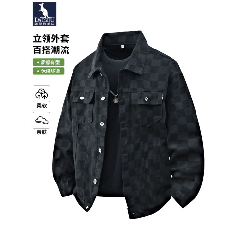 袋鼠棋盤格黑色牛仔外套男2026春季新款繙領美式休閒工裝夾克外套