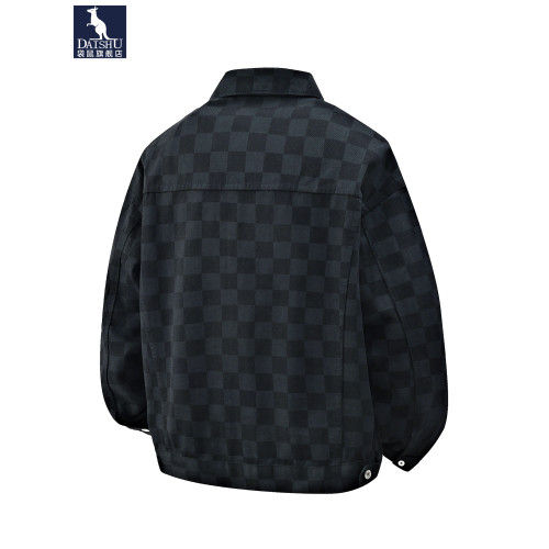 袋鼠棋盤格黑色牛仔外套男2026春季新款繙領美式休閒工裝夾克外套