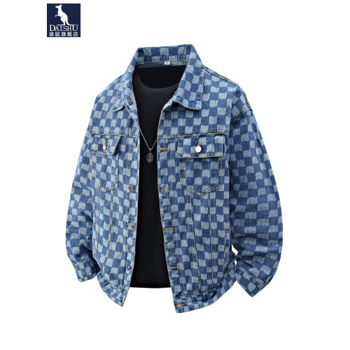 袋鼠棋盤格黑色牛仔外套男2026春季新款繙領美式休閒工裝夾克外套