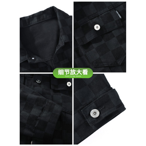 袋鼠棋盤格黑色牛仔外套男2026春季新款繙領美式休閒工裝夾克外套