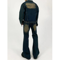 M7 美式復古Clean fit做舊牛仔外套洗水直筒寬鬆牛仔套裝微喇長褲