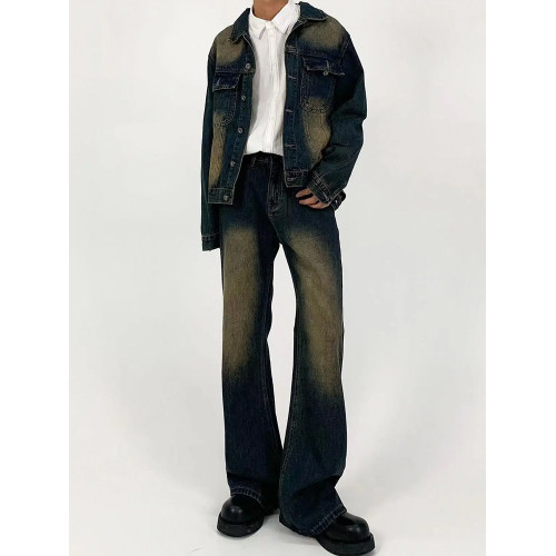 M7 美式復古Clean fit做舊牛仔外套洗水直筒寬鬆牛仔套裝微喇長褲